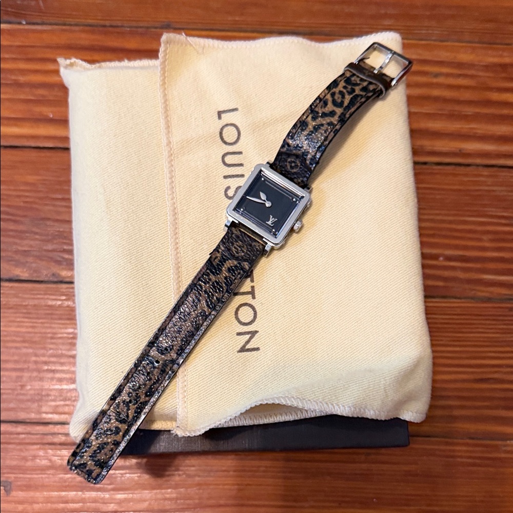 Authentic Louis Vuitton Leopard Print Leather Strap Watch - Black Dial 23MM